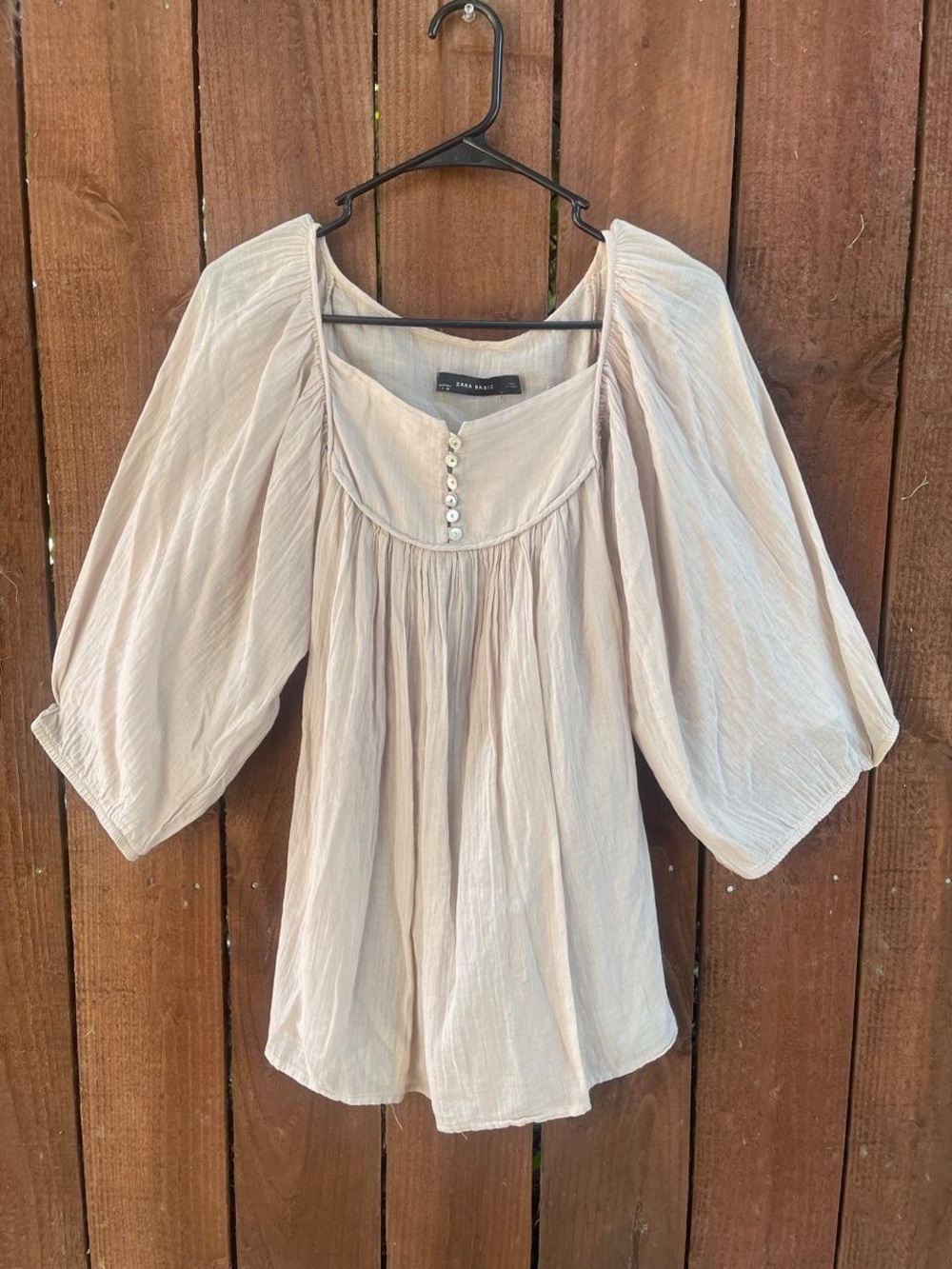 Zara Basic Cream Boho Rustic Cottagecore Peasant Flowy Top Sz S Puff Sleeve